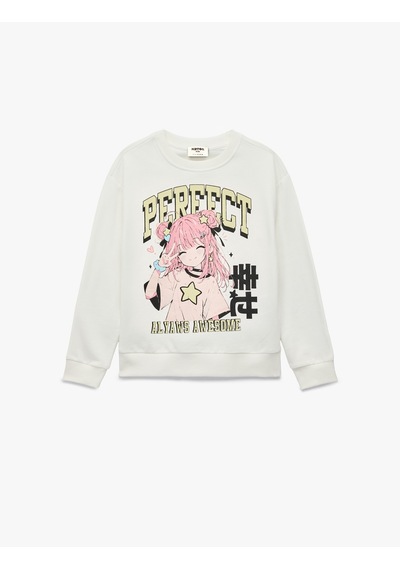 Koton Pamuklu Uzun Kollu Bisiklet Yaka Anime Baskılı Sweatshirt Ekru 7wkg10053ak