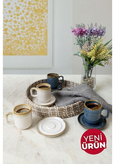Keramika Shizen Mavi / Krem Formart Kahve Takımı 8 Parça 4 Kişilik Q39-q44 Çok Renkli
