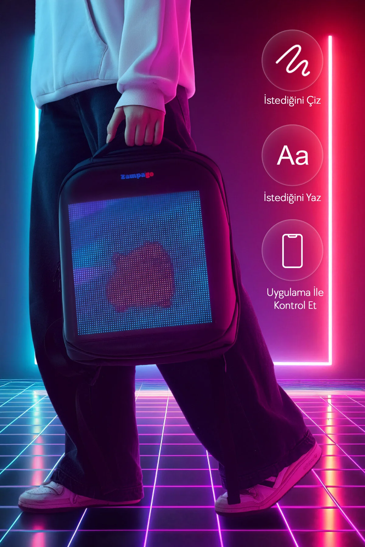 Zampago Led Ekranlı Akıllı Sırt Çantası Sert Kasa, Usb Şarj Girişli, Animasyonlu Işıklı Ekran Siyah