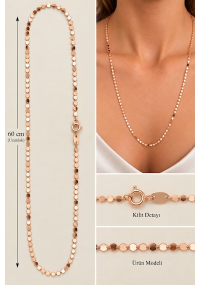Rose Işık Pullu Zincir Kolye 60 Cm & Kalpli Ayıcık Premium Hediye Seti Altın