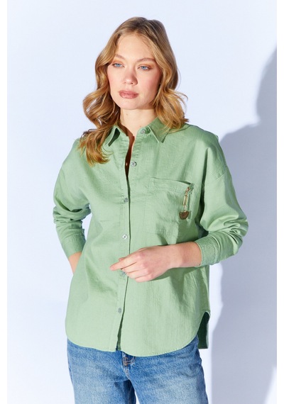 Manche Çağla Broş Detaylı Oversize Tek Cepli Gabardin Gömlek Mkw168174-01