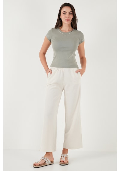 Lela Keten Karışımlı Regular Fit Normal Bel Geniş Paça Bayan Pantolon 5866030 Bej