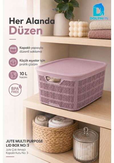 Jute Kapaklı Saklama Kutusu 10 L Plastik Mutfak Kiler Dolap İçi Organizer 34x24x15,5 Cm Mor