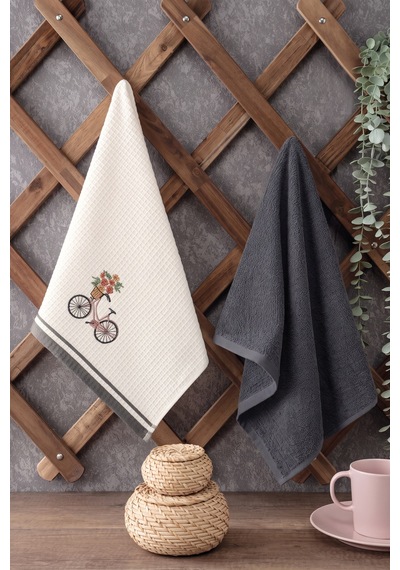 2 Li Nakışlı Havlu Takımı - %100 Pamuk Bisiklet Desenli - 40x60 Cm - Koyu Gri Koyugrı