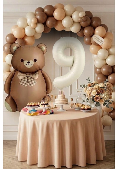 9 Yaş Retro Folyo Karamel Papyonlu Ayıcık Kahverengi Ten Kum Beji Kuşak Balon Krem Rakam Doğum Günü Süsleme Kahverengi - Krem