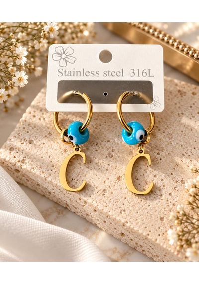 Cm Jewelry C Harfi Nazar Boncuklu 316l Çelik Halka Küpe Altın