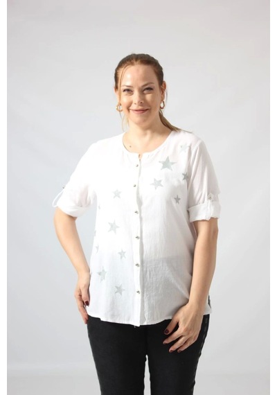 Moda Berray 3294 Beyaz Yıldız Baskılı Organik Keten Kumaş Mevsimlik Gömlek Beyaz