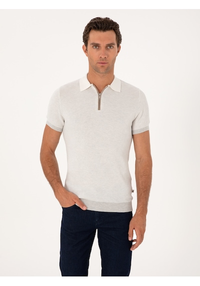 Açık Gri Slim Fit %100 Pamuk Fermuarlı Polo Yaka Triko T-shirt