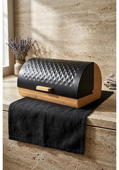 Bambu Gövdeli Siyah Pane Ekmek Dolabı 38x25x18.5 Cm - Mekanizmalı Metal Kapaklı Ekmeklik
