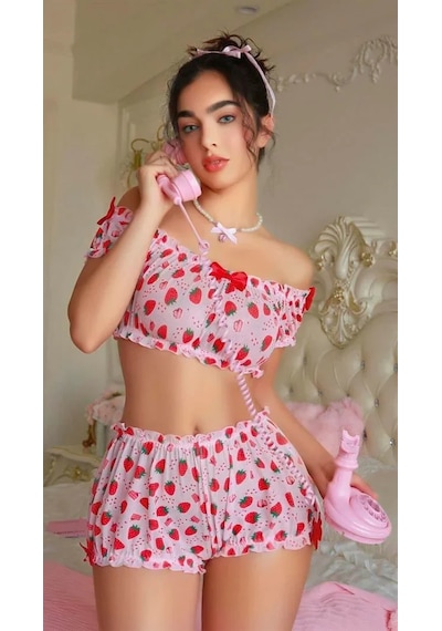 E-bulurum Kadın Pembe Çilek Desenli Şortlu Sütyen Takımı Çok Renkli
