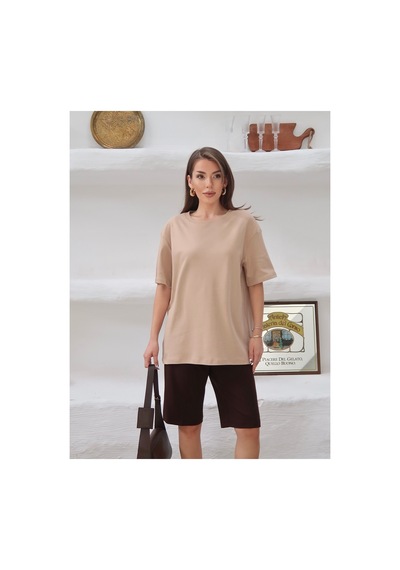 Paw Garage Kadın Mia İnterlok Kumaş Bisiklet Yaka Oversize T-shirt Bej