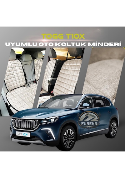Togg T10x Bej Renk Tay Tüyü Cepli & Terletmez Sırtlı Oto Koltuk Minder Seti - Koltuk Koruma Kılıfı Ön & Arka Tam Set