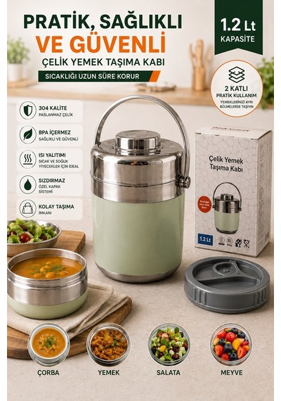 1.2 Lt 2'li Paslanmaz Çelik Sızdırmaz Termos Yemek Taşıma Kabı / Sefer Tası Beslenme Kutusu Çelik Rengi