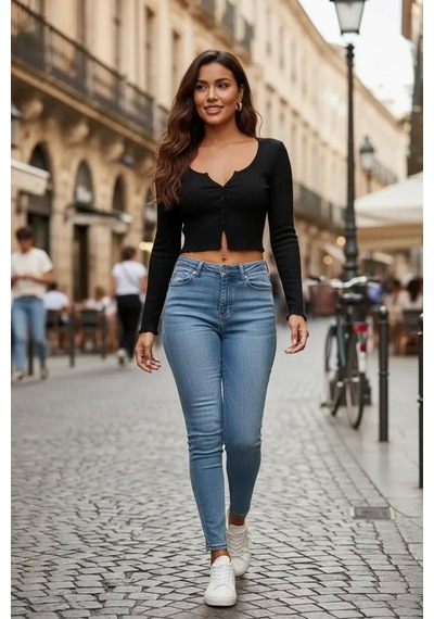 Beru Kadın Siyah Uzun Kollu Düğme Detaylı Göğüs Ve Göbek Dekolteli Crop Top Bluz Premium Stil L - XL