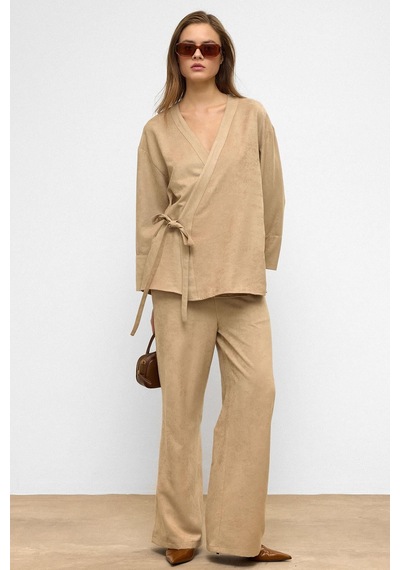 Olcay Önü Bağlamalı Süet Görünümlü Kimono İkili Takım Taş 9366-tk