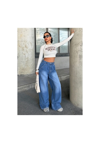Kene Jeans Yüksek Bel Mavi Ön Arka Pensli Ön İşlemli Baggy Bol Paça Jeans Mavi