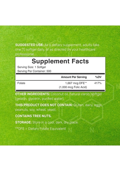 Deal Supplement Folic Acid 1000 Mcg Oil Bioavailable Prenatal Vitamin B9 500 Softgels