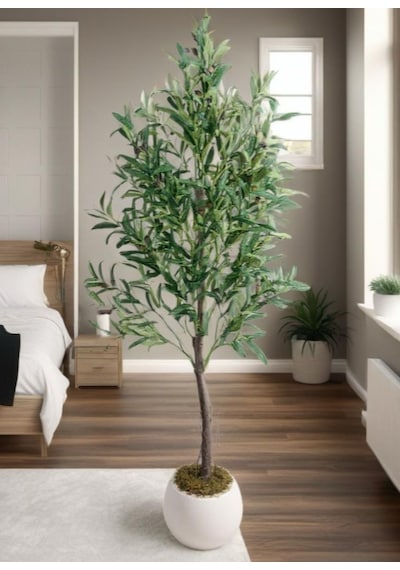 Yapay Zeytin Ağacı 160cm İki Gövdeli Beyaz Küre Saksıda Salex Doğal Gerçek Görünümlü Yapay Ağaç