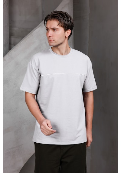 Erkek Garnili Şeritli Oversize Bisiklet Yaka 2 İki İplik Kompakt T-shirt Ekru