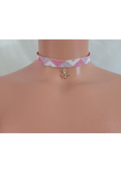 Kum Boncuk Yıldızlı Dokuma Choker Altın - Siyah