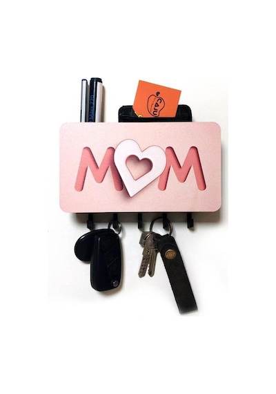 Pembe Kalpli Mom Anne Yazılı Bölmeli Anahtarlık Duvar Askılık Dekor Diğer
