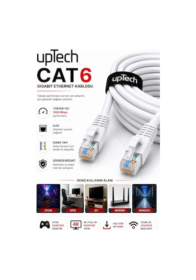 Uptech Cat6 Ethernet Kablosu 20 Metre Rj45 Lan İnternet Modem Router Bilgisayar Kablosu