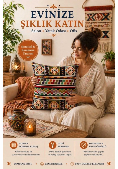 Goblen Kilim Model Kırlent Kılıf Renkli
