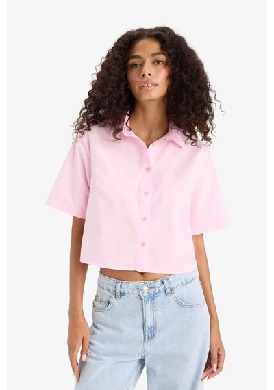 Defacto Regular Fit Gömlek Yaka Poplin Kısa Kollu Gömlek F8580ax25smpn205 Pembe