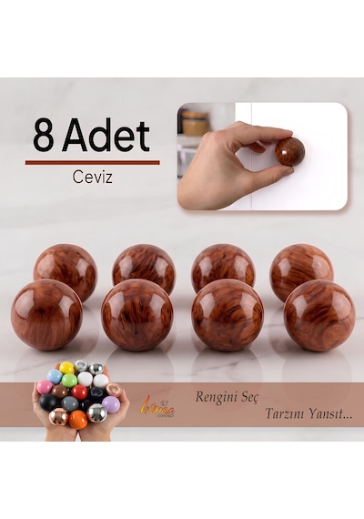 8 Adet Sert Plastik Düğme Yuvarlak Top Ceviz Dolap Mobilya Mutfak Dolabı Çekmece Kulbu Kulpu Kulplar Kahverengi