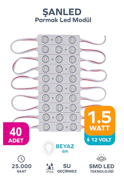 3 Ledli Parmak Led Modül 1.5w 2835 Smd Mercekli Beyaz Işık 12v- 40 Adet