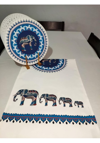 Etnik Fil Desenli Runner, 6'li Supla Set Çok Renkli