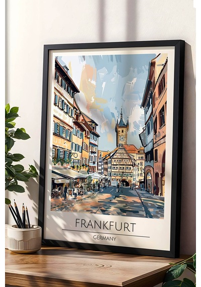 Almanya Frankfurt Temalı Çerçeveli Tablo Travel Serisi Modern İllüstrasyon Duvar Dekoru Siyah