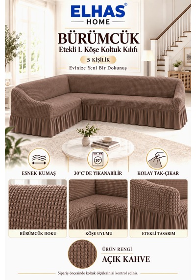 Bürümcük Kumaş 5 Kişilik Etekli L Köşe Koltuk Kılıfı Açık Kahve - 934819522 Açık Kahve