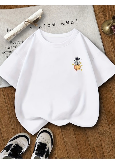 Uyguntarz Unisex Çocuk Galaksi Baskılı Pamuklu Tshirt Beyaz