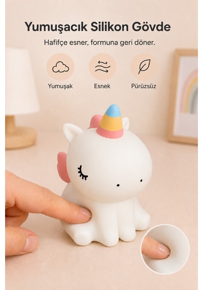 Unipo - Unicorn Figürlü Şarjlı Silikon Gece Lambası 3 Kademe Dokunmatik Usb-c Çok Renkli Çok Renkli