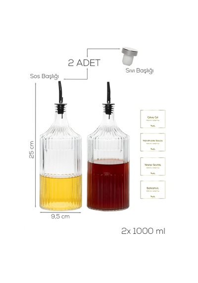 Porsima Viking 18113 2li 1000 Ml Cam Şişe Yağlık Sirkelik Çift Kapaklı Gümüş Gümüş
