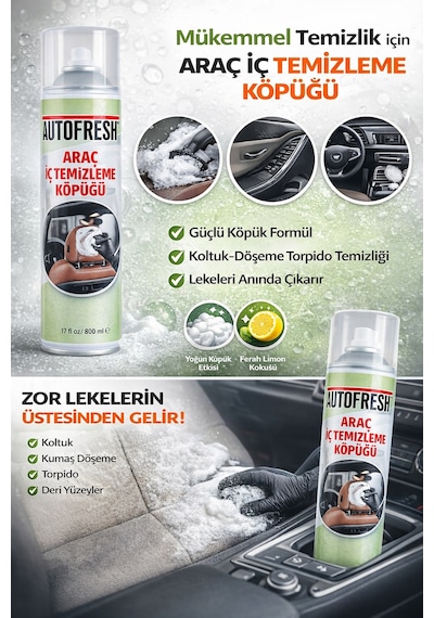 Autofresh Araç İç Temizleyici Köpük Sprey 500 Ml Oto Koltuk, Tavan, Döşeme Ve Torpido Temizleme Köpüğü