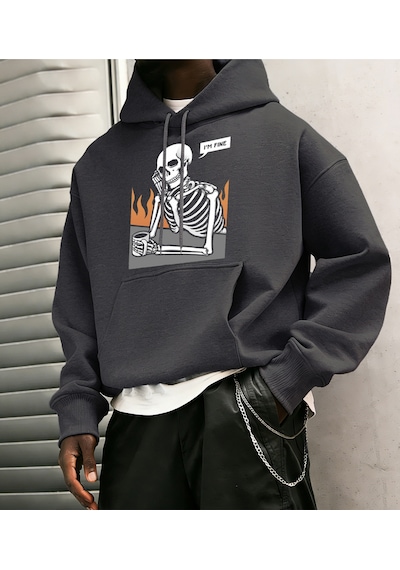 Startmore Startmoreı'm Fine İskelet Baskılı Erkek Basic Kapüşonlu Üstleri Hip Hop Bol Sweatshirtler Günlük Polar Antrasit
