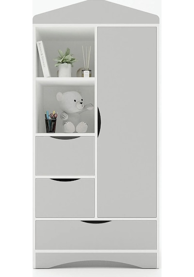 Floradesign Gardırop / Elbise Dolabı / Çocuk Genç / Raflı Ve Çekmeceli Gri Beyaz