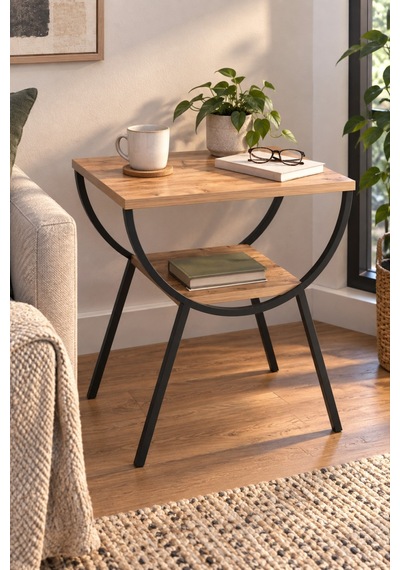 Sulorahome Ceviz Desenli Metal Ayaklı Çift Raflı Yan Sehpa Komodin