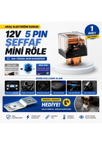 12v 40a 5 Pin Şeffaf Mini Röle Oto Rölesi Ek Far Led Bar Korna Sis Farı Universal Tekli
