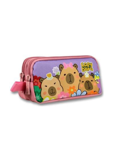 Capybara İki Bölmeli Çiçek Ve Capybara Baskılı Mor - Pembe Kız Çocuk Kalem Çantası - 6205