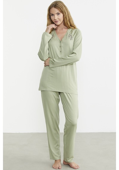Sementa Nakış Detaylı Düğmeli Pijama Takım - Yeşil Yeşil