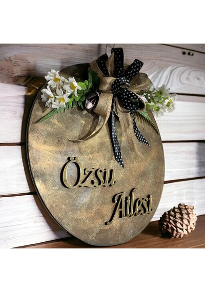 Kişiye Özel Ahşap Kurdelalı Kapı Süsü 35 Cm Kahverengi