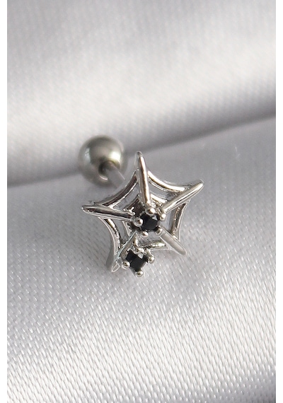 Gümüş Renk Siyah Zirkon Taşlı Örümcek Ağ Model Tragus Piercing 3 Çok Renkli