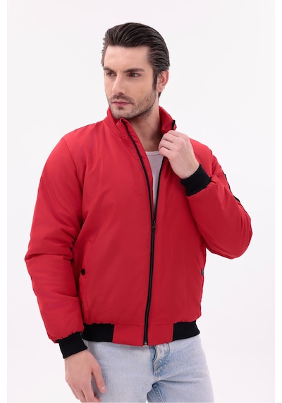Blayn Jeans Erkek Kahverengi Mevsimlik Mont Dik Yaka, Fermuarlı, Hafif Bomber Ceket Kırmızı
