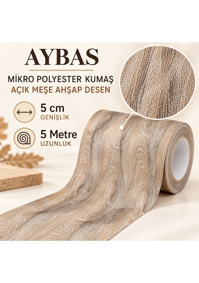 Aybas 5 Cm X 5 Metre Açık Meşe Ahşap Desenli Kumaş Yapışkan Bant Mobilya Kaplama Ve Tamir Şeridi 5 Cm X 5 Metre - Açık Meşe