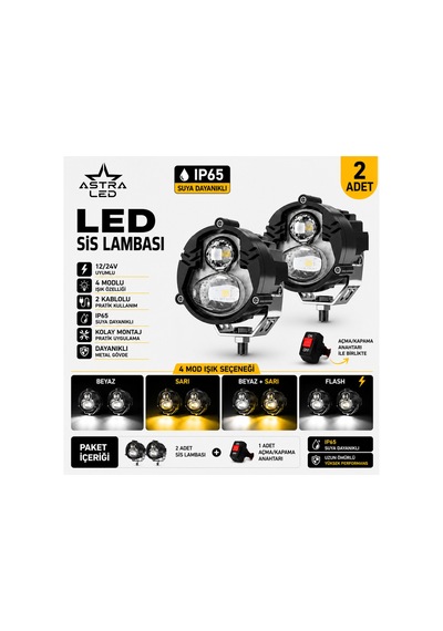 2 Adet Açma Kapama Anahtarlı Motosiklet Atv Utv Scooter Led Sis Farı Metal Kasa Yüksek Güçlü Delici Beyaz Sarı Çift Renk