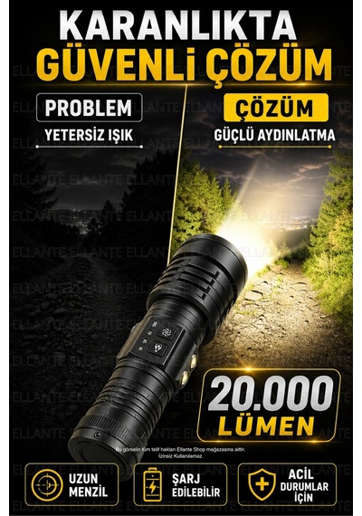 20.000 Lümen Süper Güçlü El Feneri Şarj Edilebilir Uzun Menzil Led Fener Güçlü Aydınlatma Çok Renkli