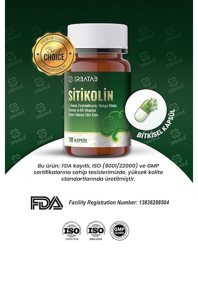 Erbatab Sitikolin L-tirozin, Fosfatidilserin, Ginkgo Biloba Ekstraktı Ve B6 Vitamini İçeren Takviye Edici Gıda 30 Vcaps